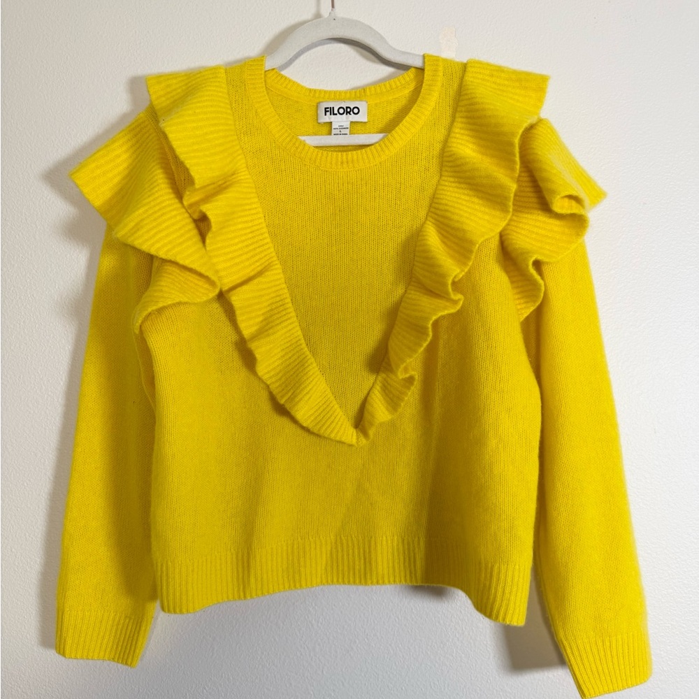 FILORO Ruffle Overlay Cashmere Sweater‎ in Limoncello Women’s Sz L